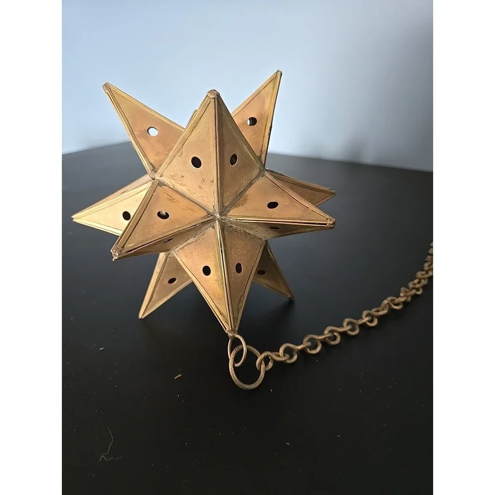 Vtg. Moravian Star Pierced Metal Votive Candle Pendant Hanging Light 6